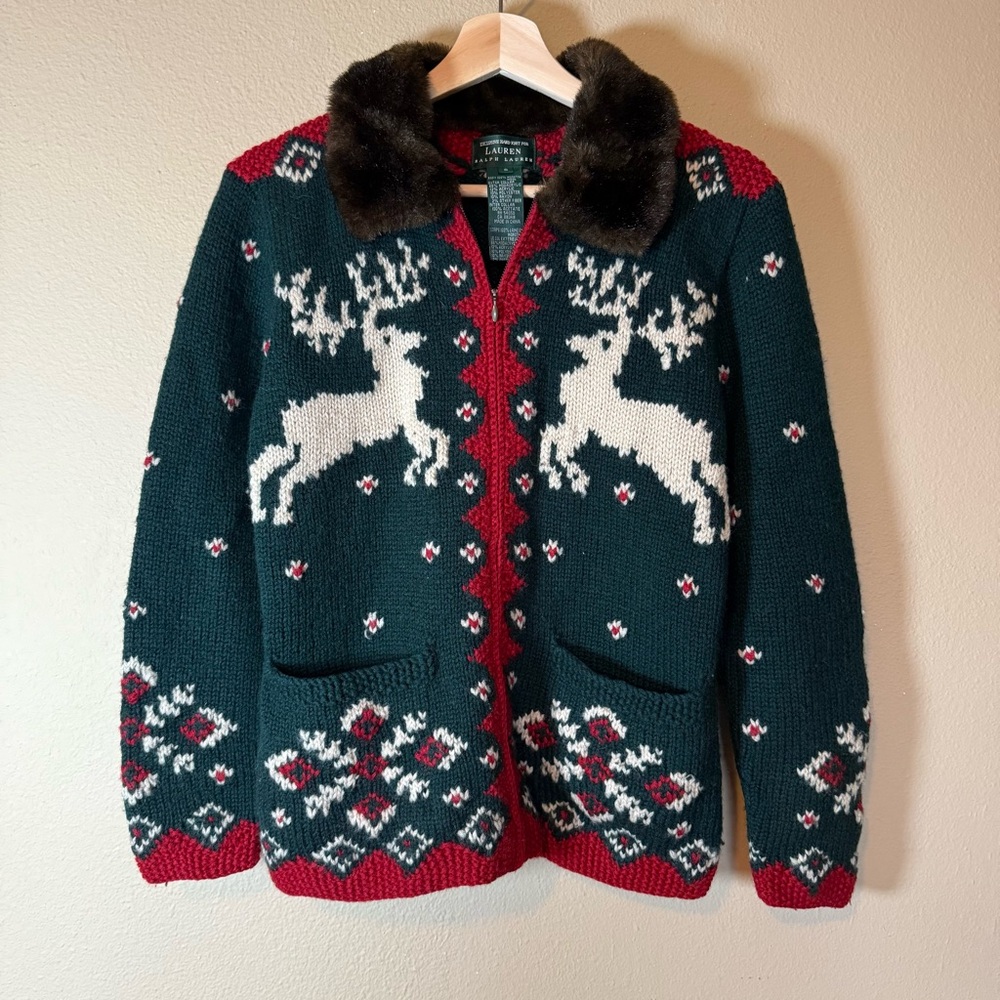 Ralph Lauren Vtg Sweater Cardigan Hand Knit Wool Green Red Holiday Fur Small - Picture 2 of 4